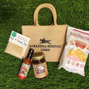 gift package-potato chips-dip-fudge-hot sauce- tote bag