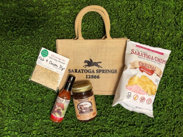 gift package-potato chips-dip-fudge-hot sauce- tote bag