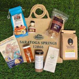 Complete gift bag-coffee-tea-hot chocolate-scone mix-pancake mix-granola-maple syrup-honey