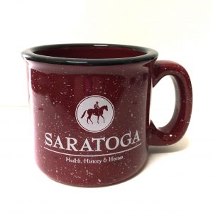 camp mug- maroon- white circle w/hose-Saratoga below- Health-history- horses bottom