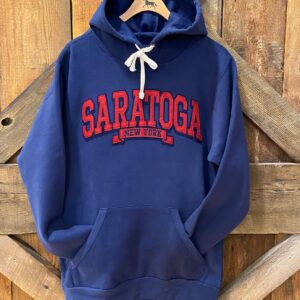 navy applique Hoodie- Red letters across chest- Saratoga