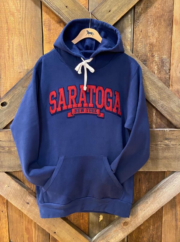 navy applique Hoodie- Red letters across chest- Saratoga