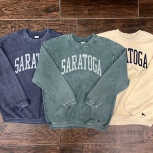 3 corded crewneck sweatshirts-Blue-Green-Ivory-al have SARATOGA across chest