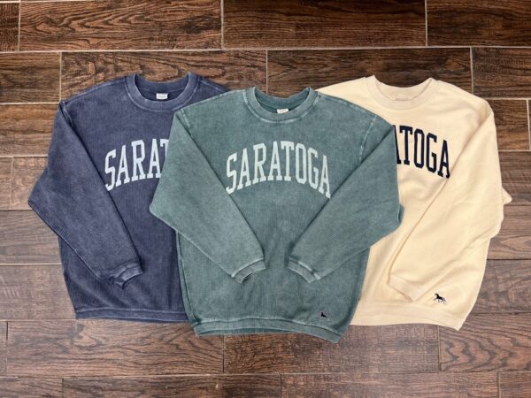 3 corded crewneck sweatshirts-Blue-Green-Ivory-al have SARATOGA across chest