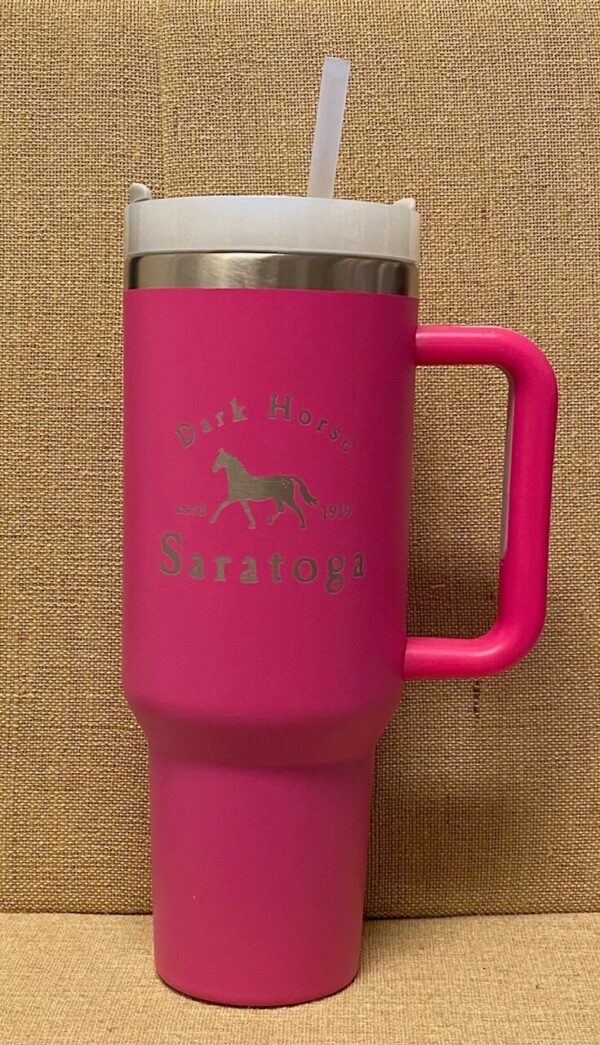 Pink travel mug- features Dark Horse- Estd 1919- Saratoga