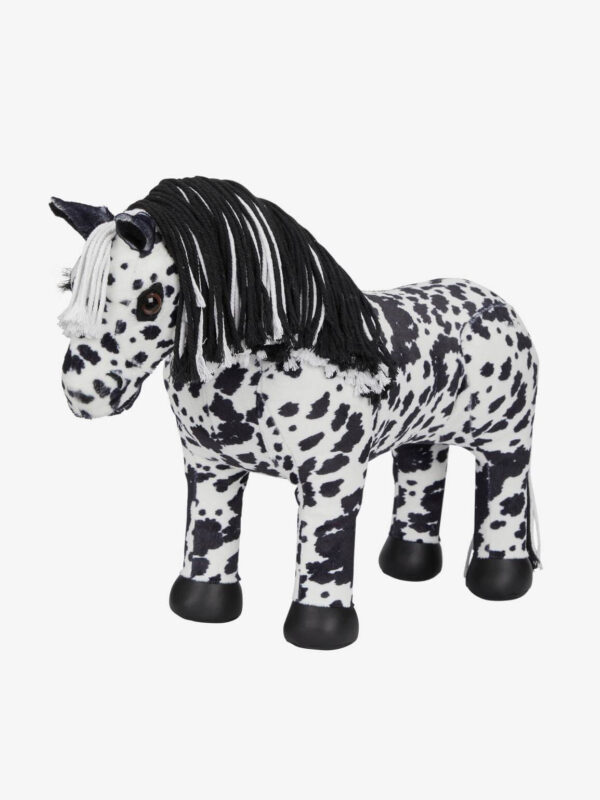 black and white spotted stuffed toy horse