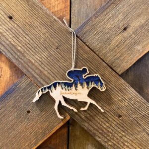 Saratoga race horse silhouette wood ornament.