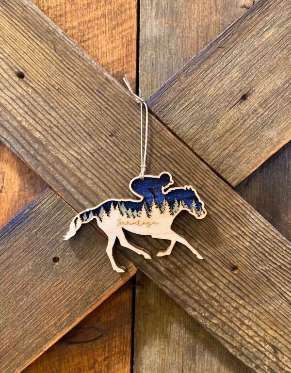 Saratoga race horse silhouette wood ornament.