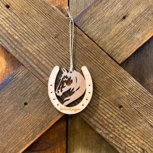 Saratoga horse shoe silhouette wood ornament.