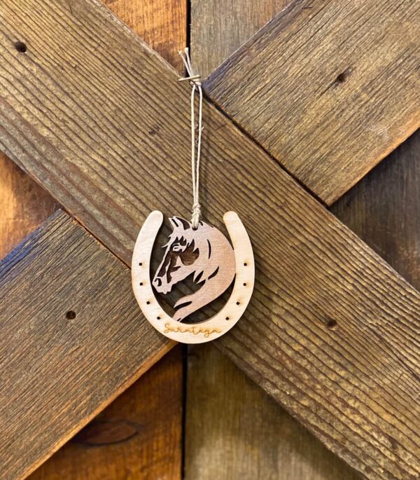 Saratoga horse shoe silhouette wood ornament.