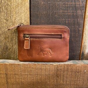 brown leather coin wallet with imprint of horse