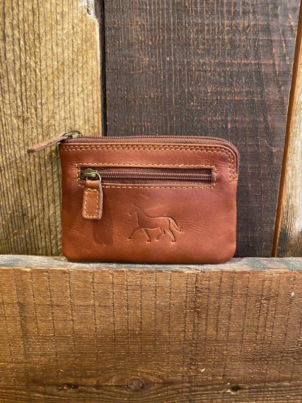 brown leather coin wallet with imprint of horse