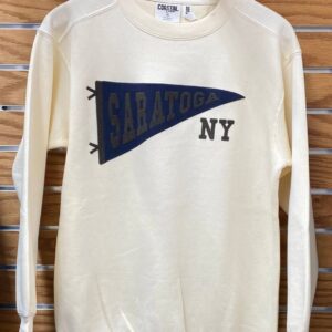 cream colored crew sweatshirt-navy blue pennant with brown letters-SARATOGA- NY below