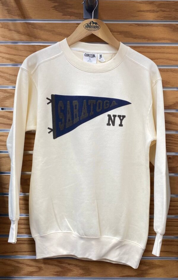 cream colored crew sweatshirt-navy blue pennant with brown letters-SARATOGA- NY below