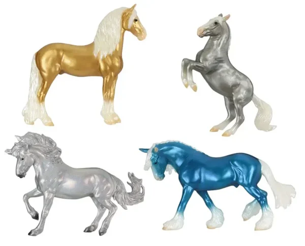 4 model horses-gold-shiny blue-silver-grey