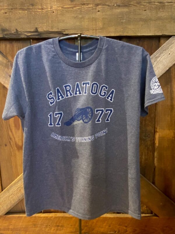 Heather Blue Tee Shirt - Saratoga- 1777- Cannon- American turning point across chest