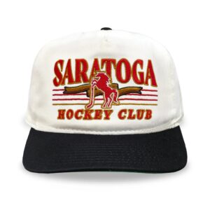 cream hat-black brim- Saratoga Hockey Club in red and gold