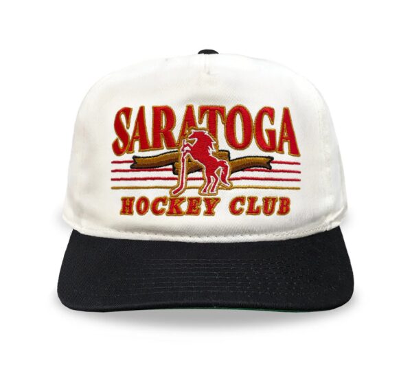 cream hat-black brim- Saratoga Hockey Club in red and gold