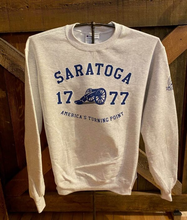 Heather Grey Crewneck Sweatshirt - Saratoga- 1777- Cannon- American turning point across chest