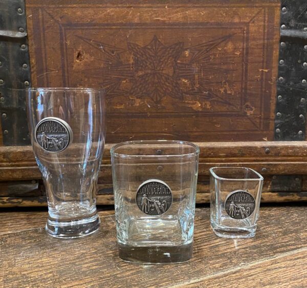 3 glasses-pilsner-rocks-shot glass features American Turning Point Emblem