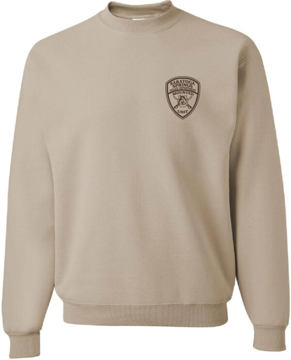 sandstone crewneck sweatshirt- Saratoga Springs- Police Department- Mounted Unit badge left chest